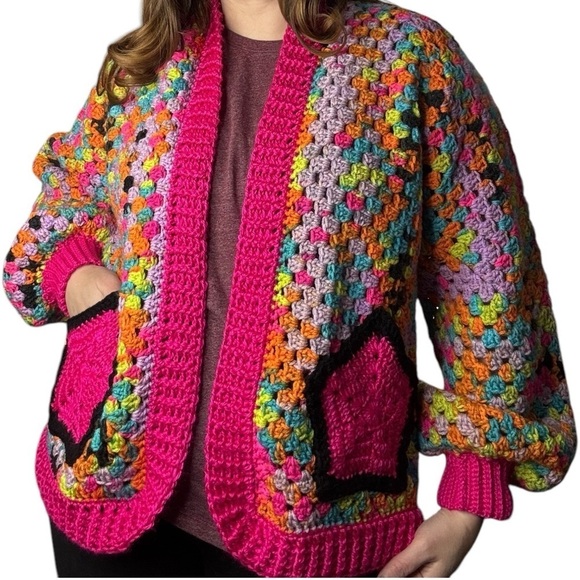 Handcrafted Crochet Hexagon Cardigan Sweater Open Front Wide Sleeve 2 Pockets - Picture 2 of 16